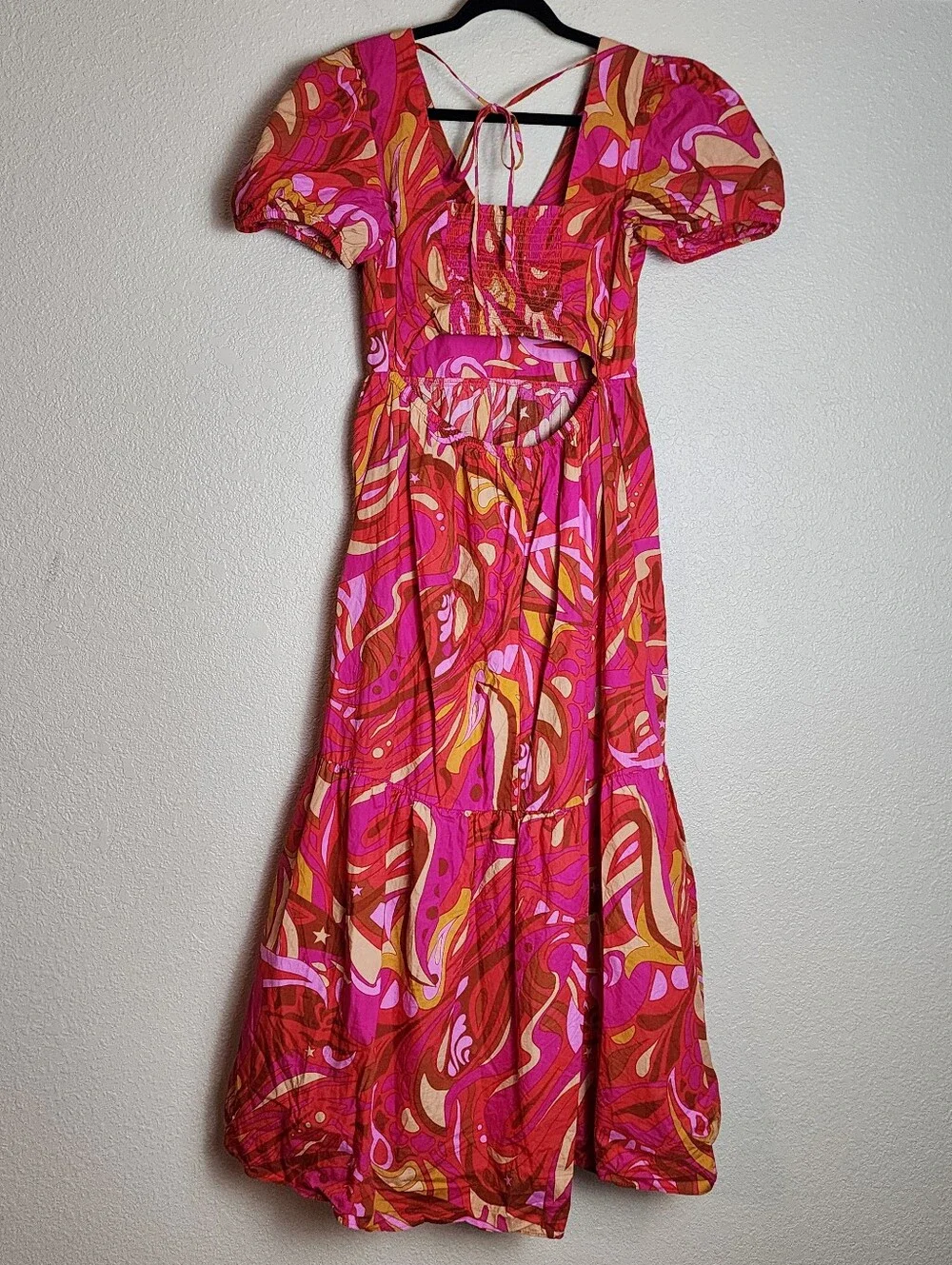 1. STATE Pink Abstract Print Open Back Midi Dress | Puff Sleeve Cotton | Medium - Picture 6 of 10